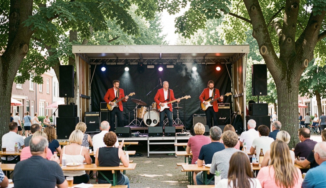 Musiker in roten Jacken spielen im Sommer auf einer Freilichtbühne vor Zuschauerbänken unter Bäumen.