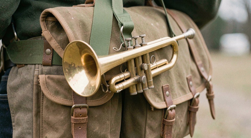 Kleine ventillose Fürst-Pless-Trompete aus Messing hängt an einem grünen Trageband über einer Jagdtasche.