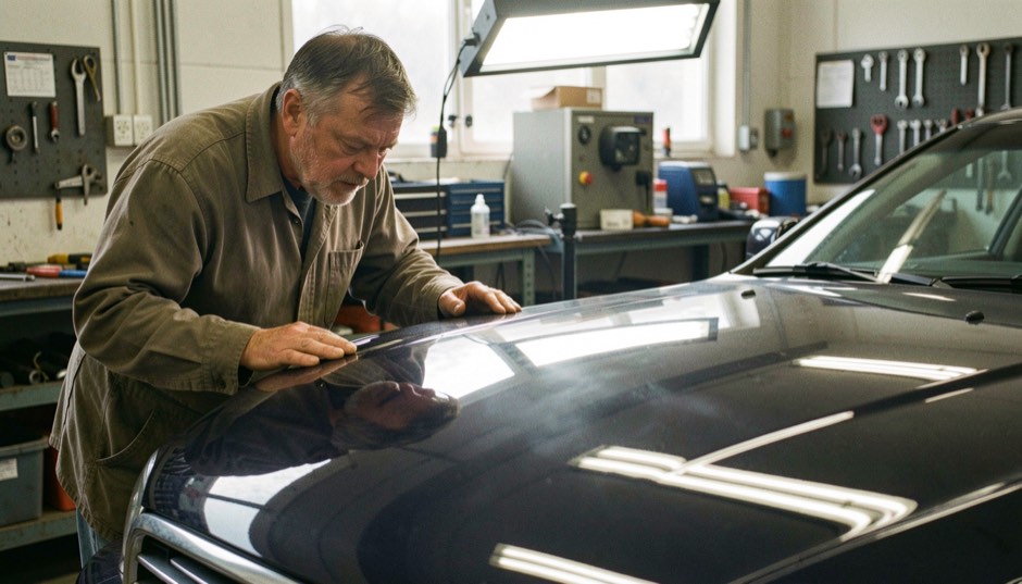 Handwerker in einer Werkstatt prüft die Motorhaube eines dunklen Autos, auf dem Lack spiegeln sich die hellen Streifen einer Prüflampe.