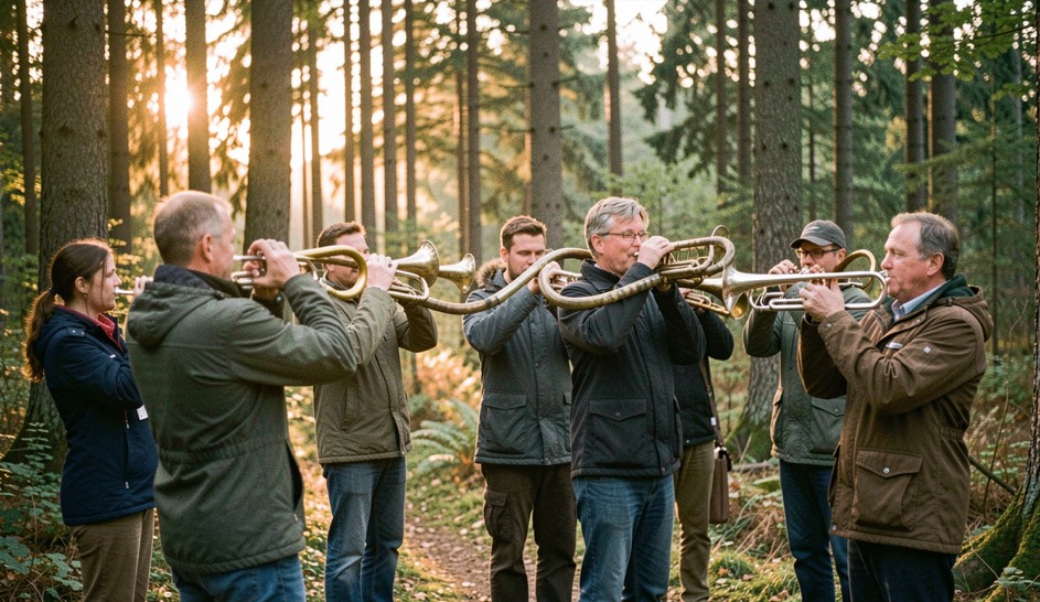 Parforcehorn-Bläser stehen abends am Waldrand, die Hörner klingen im Gegenlicht des Waldes.
