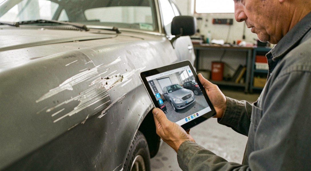 Karosseriebauer hält ein Tablet neben eine zerkratzte Stoßstange in einer Werkstatt und vergleicht sie mit einem Foto auf dem Bildschirm.
