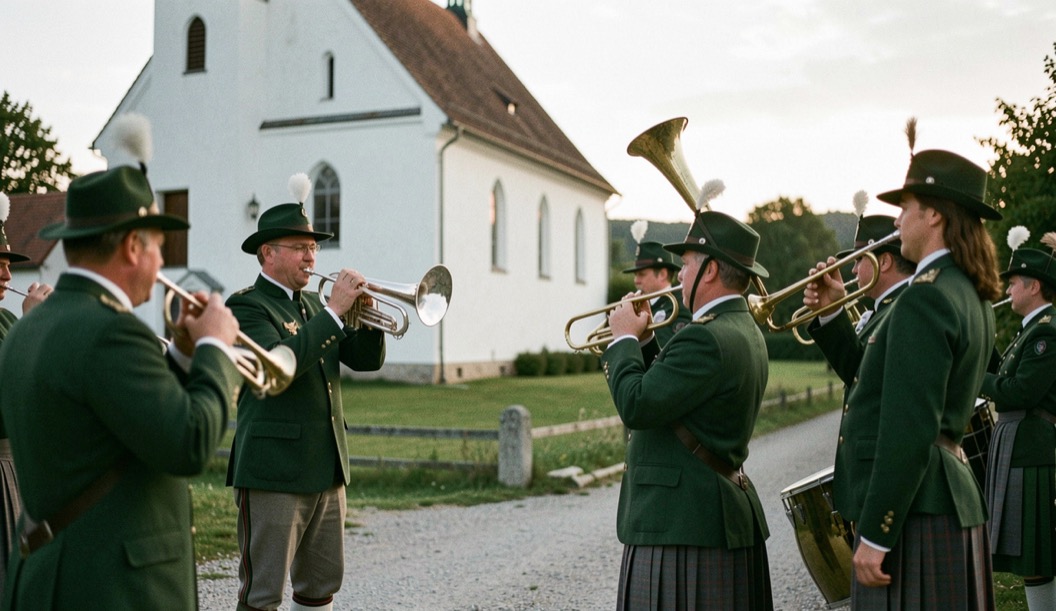 Jagdhornbläser in grüner Tracht blasen im Halbkreis vor einer weißen Dorfkirche am Spätnachmittag.