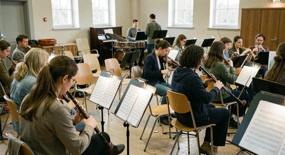 Probenraum mit Stuhlreihen und Notenständern, Musikerinnen und Musiker stimmen ihre Instrumente.
