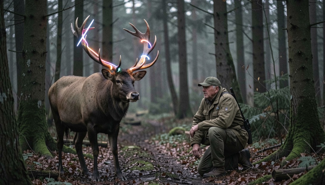 Gemälde einer Hirschkuh mit leuchtendem Kreuz im Geweih im dunklen Wald vor einem knienden Jäger.